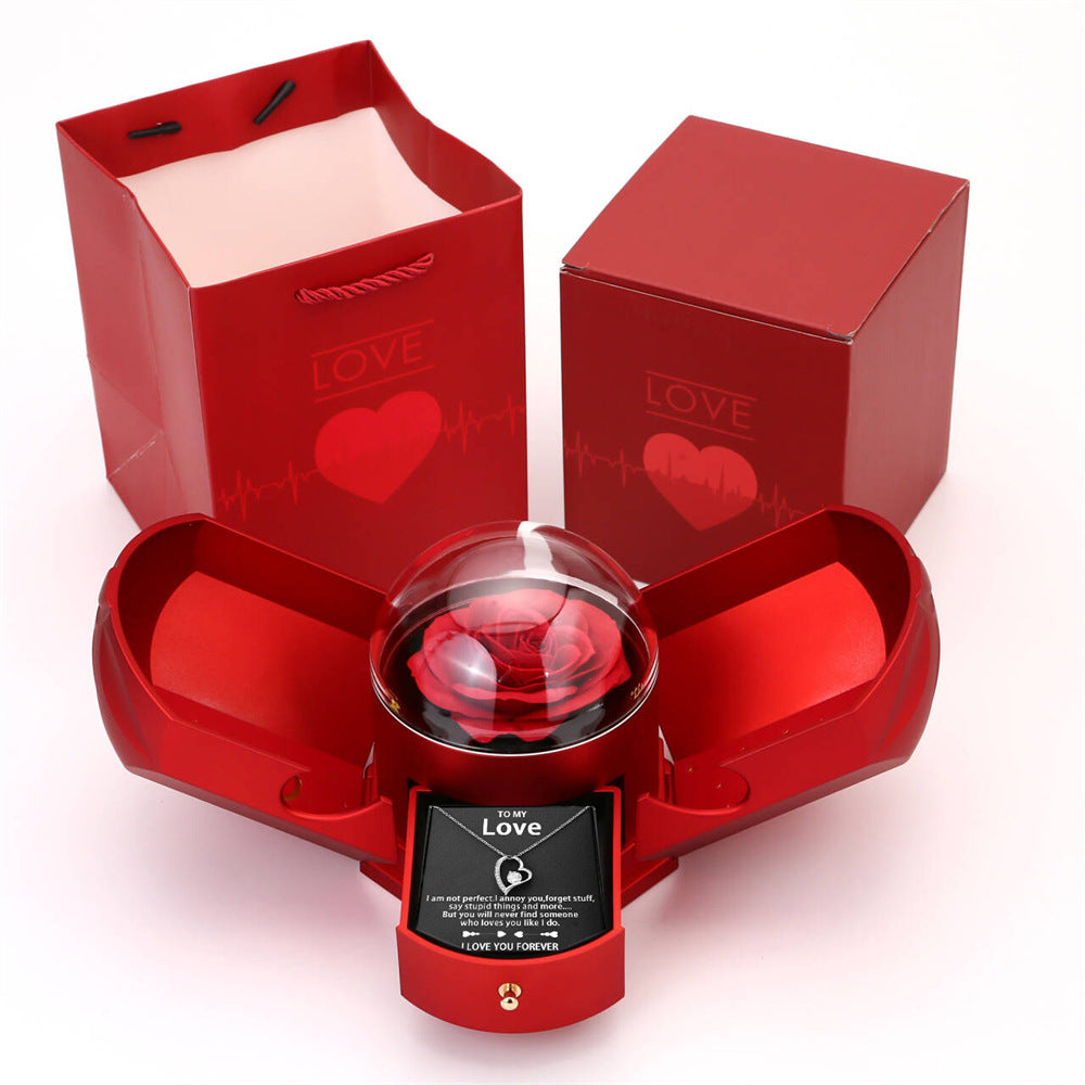 Doppelt offene Rose Geschenkbox Schubladenstil Rose Schmuckschatulle Engelsflügel Chinesische Valentinstag Halskette Geschenkbox