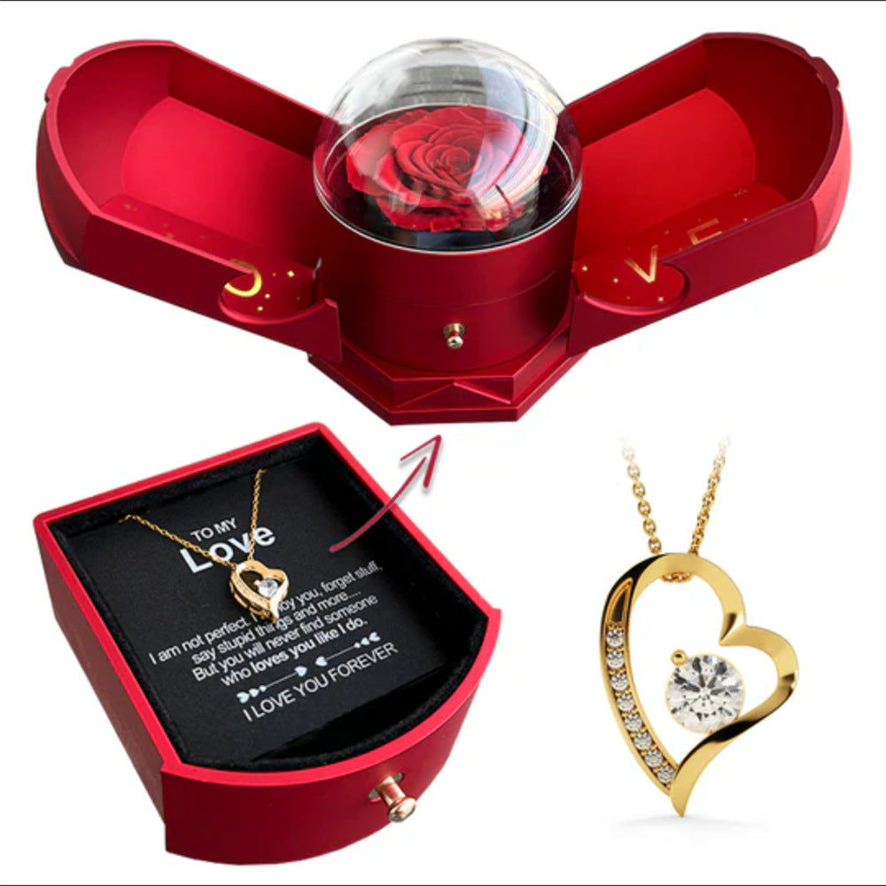 Doppelt offene Rose Geschenkbox Schubladenstil Rose Schmuckschatulle Engelsflügel Chinesische Valentinstag Halskette Geschenkbox