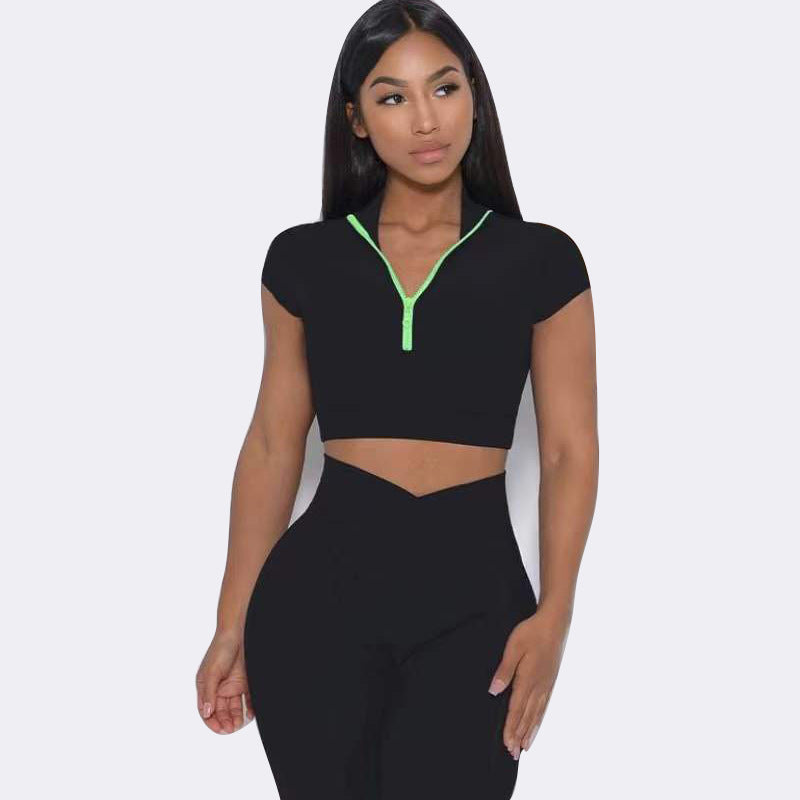 Europäisches und amerikanisches Yoga-Anzug-Set, Einzel-Schulter-BH, Reißverschluss, kurze Ärmel, Hüfthebe-Shorts, lange Hosen, Fitness