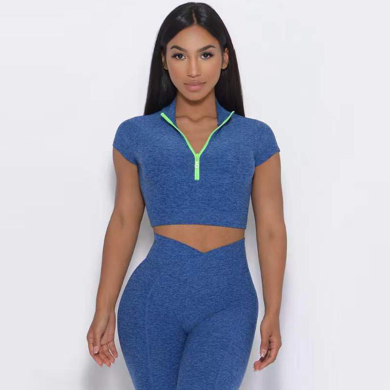 Europäisches und amerikanisches Yoga-Anzug-Set, Einzel-Schulter-BH, Reißverschluss, kurze Ärmel, Hüfthebe-Shorts, lange Hosen, Fitness