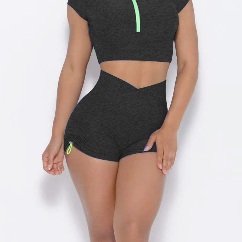 Europäisches und amerikanisches Yoga-Anzug-Set, Einzel-Schulter-BH, Reißverschluss, kurze Ärmel, Hüfthebe-Shorts, lange Hosen, Fitness