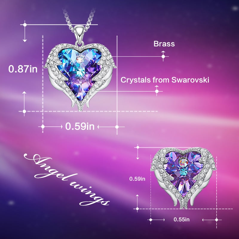 Cdyle-Kristalle von Swarovski, Halsketten mit Engelsflügeln, Ohrringe, violett-blauer Kristall-Herzanhänger, Schmuckset für Frauen, Liebesgeschenke