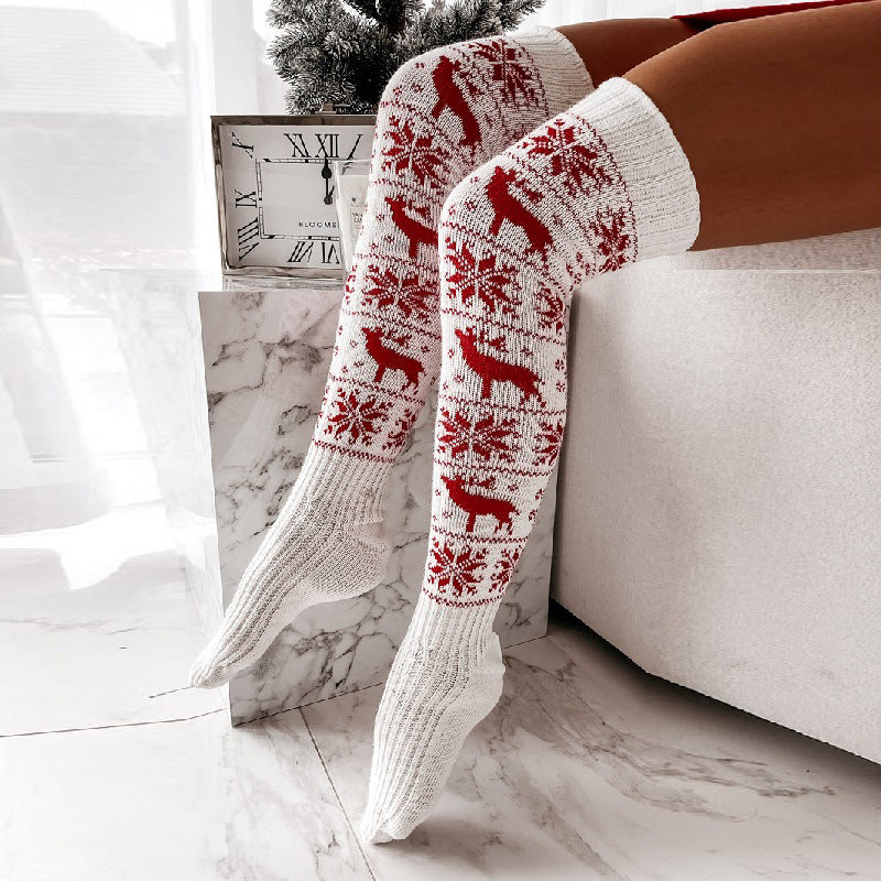 Weihnachtsstrümpfe aus Wolle mit Elch- und Schneeflockenmotiv für Damen, lang, übers Knie, Florsocken