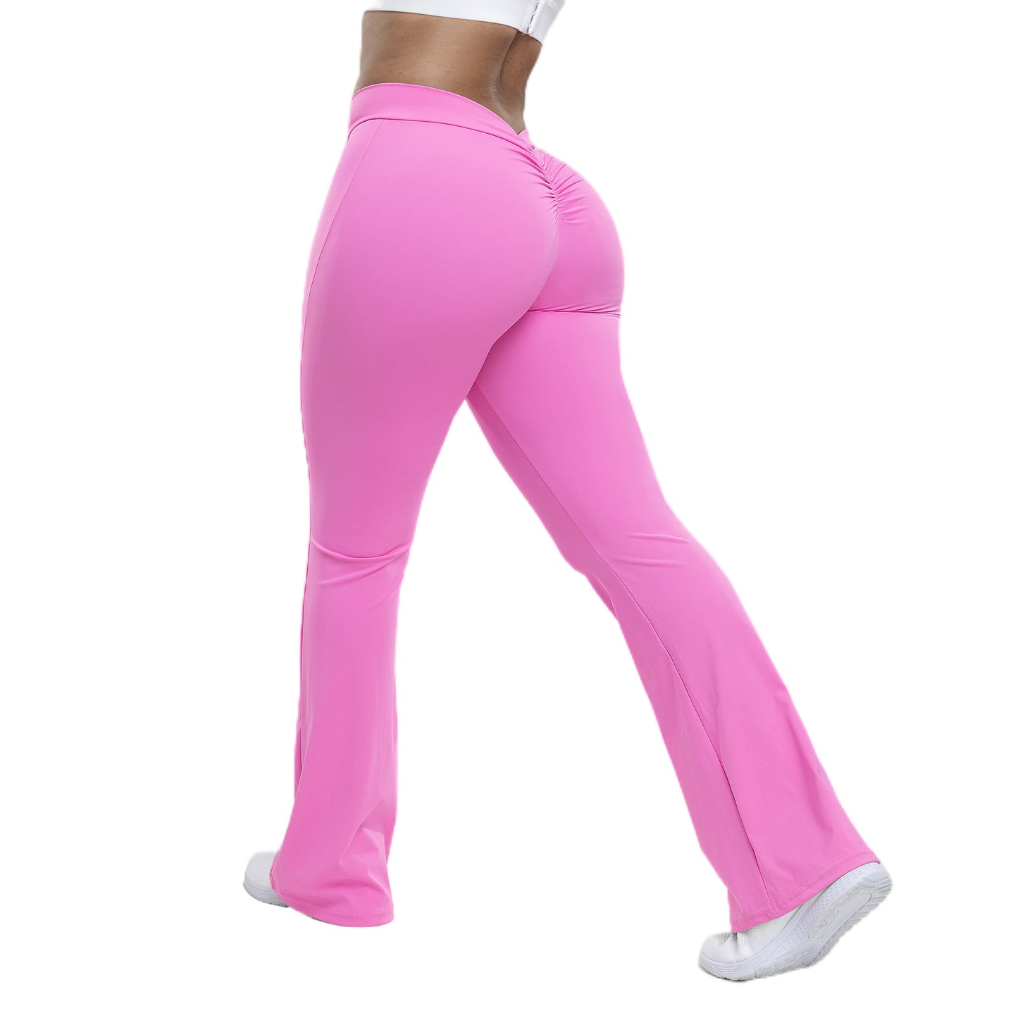Pfirsichfarbene Trompetenhose für Damen, Yogahose mit hoher Taille und Hüftlifting-Effekt, Fitnesshose mit weitem Bein für Damen