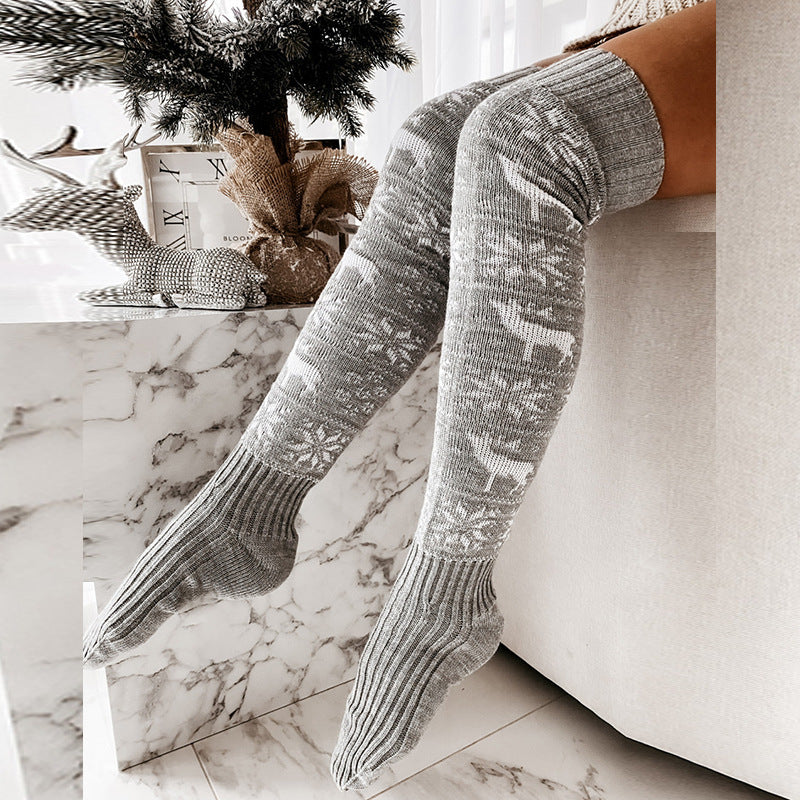 Weihnachtsstrümpfe aus Wolle mit Elch- und Schneeflockenmotiv für Damen, lang, übers Knie, Florsocken