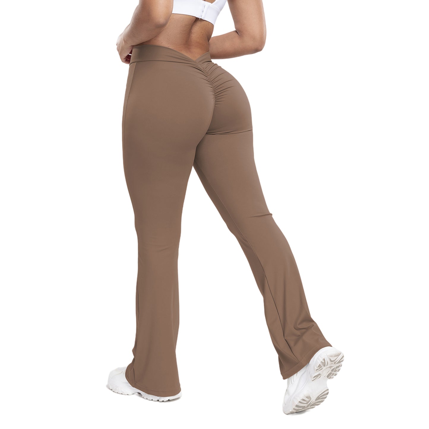 Pfirsichfarbene Trompetenhose für Damen, Yogahose mit hoher Taille und Hüftlifting-Effekt, Fitnesshose mit weitem Bein für Damen