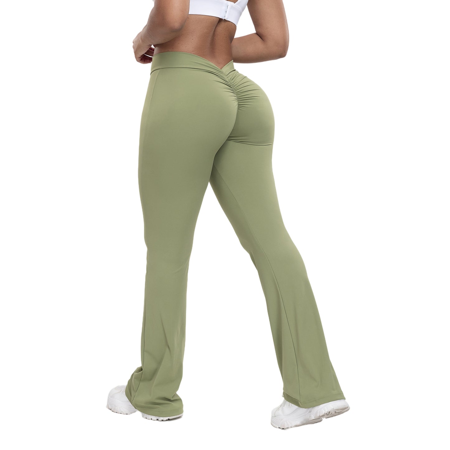 Pfirsichfarbene Trompetenhose für Damen, Yogahose mit hoher Taille und Hüftlifting-Effekt, Fitnesshose mit weitem Bein für Damen