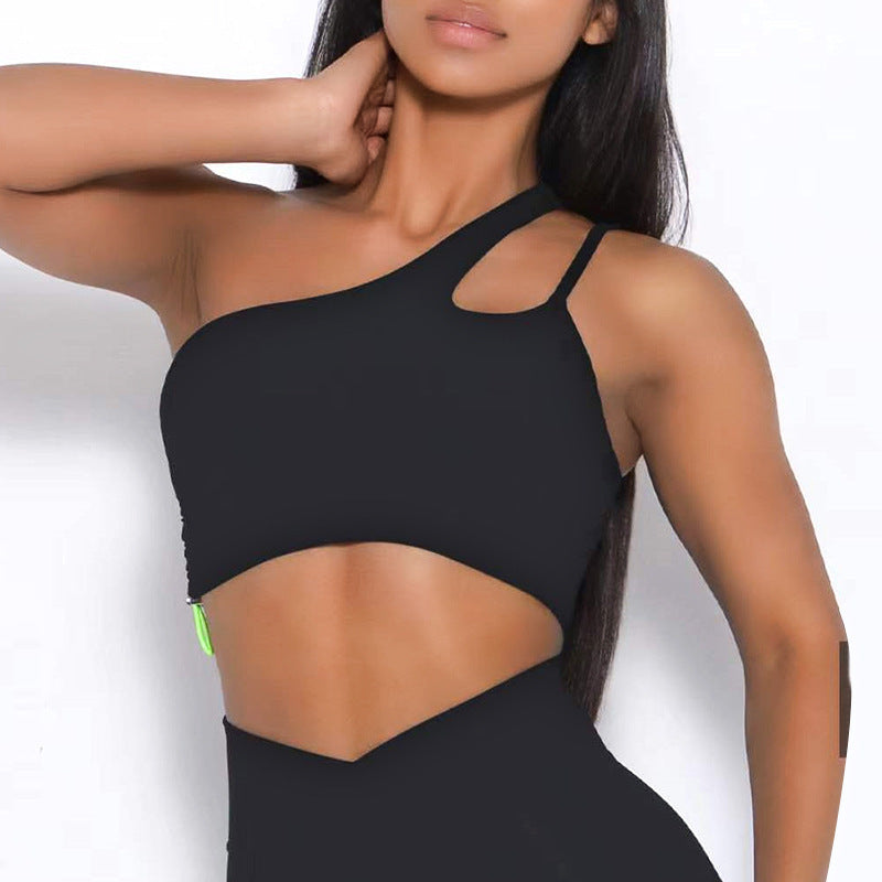 Europäisches und amerikanisches Yoga-Anzug-Set, Einzel-Schulter-BH, Reißverschluss, kurze Ärmel, Hüfthebe-Shorts, lange Hosen, Fitness