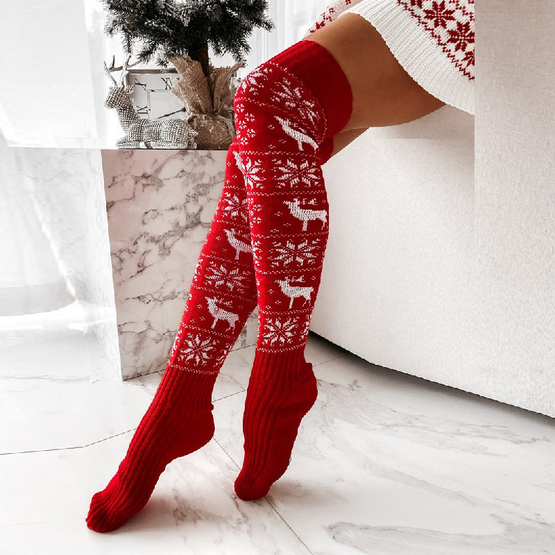Weihnachtsstrümpfe aus Wolle mit Elch- und Schneeflockenmotiv für Damen, lang, übers Knie, Florsocken