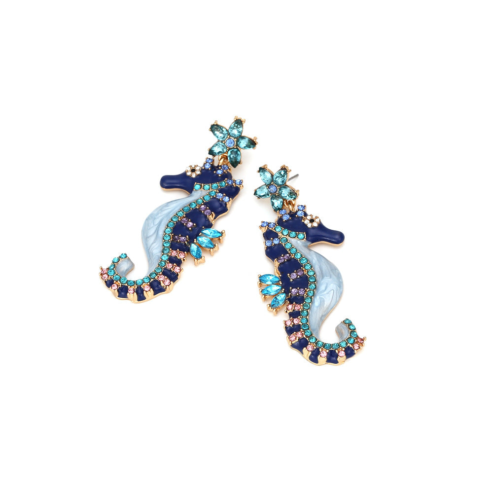 European and American personality, diamond studded oil dripping seahorse earrings, retro animal earrings, cute female earrings accessories