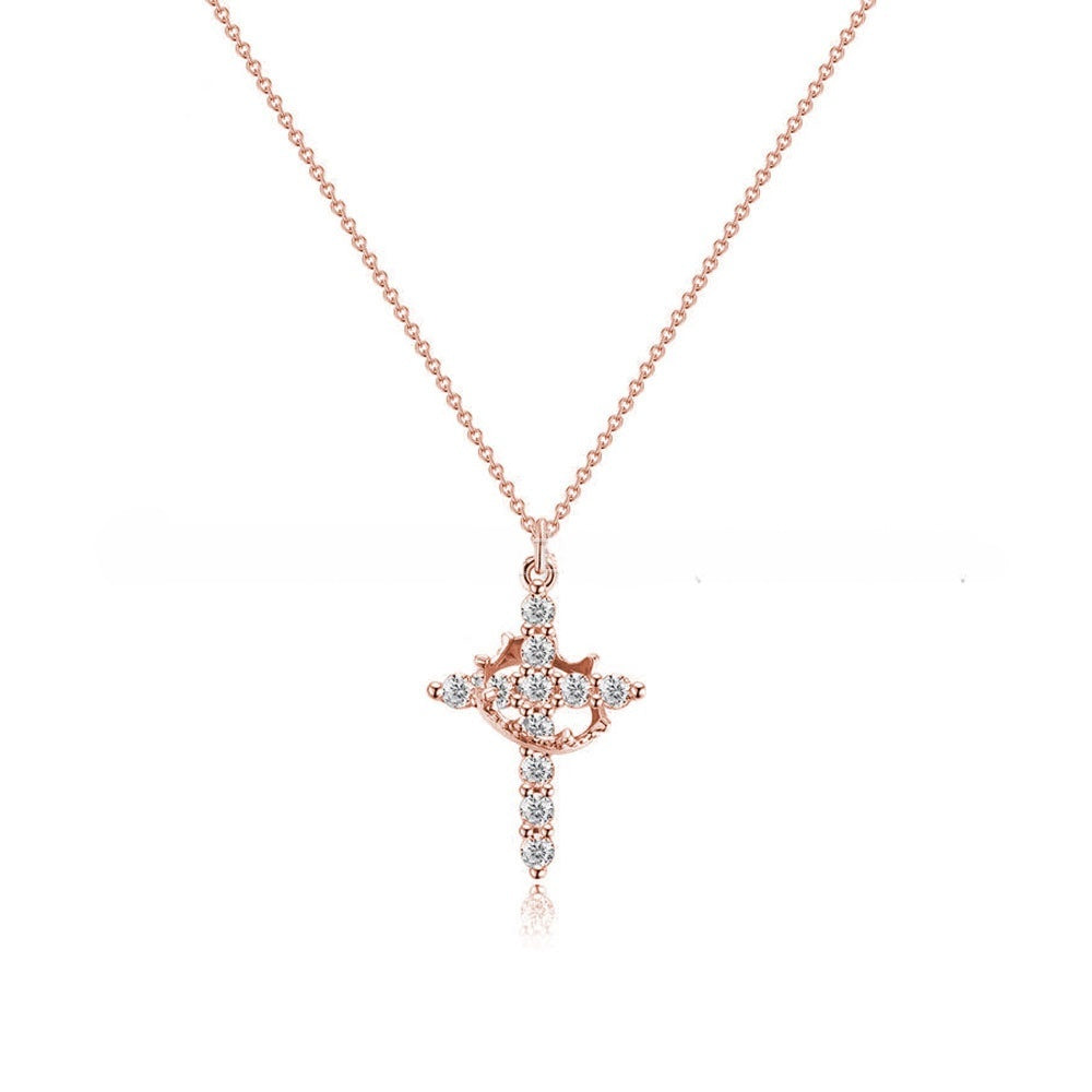 Cross diamond-encrusted necklace with a rotatable cross and crown a clavicle chain necklace