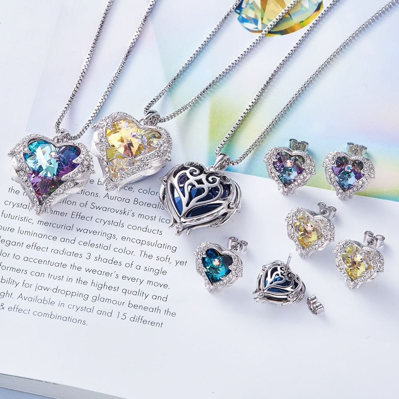 Cdyle-Kristalle von Swarovski, Halsketten mit Engelsflügeln, Ohrringe, violett-blauer Kristall-Herzanhänger, Schmuckset für Frauen, Liebesgeschenke