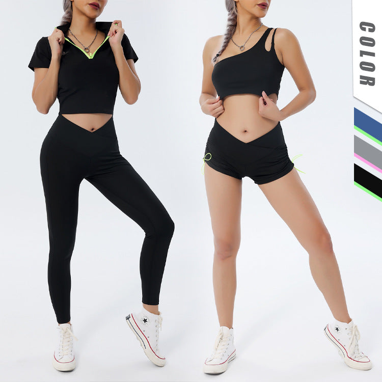 Europäisches und amerikanisches Yoga-Anzug-Set, Einzel-Schulter-BH, Reißverschluss, kurze Ärmel, Hüfthebe-Shorts, lange Hosen, Fitness