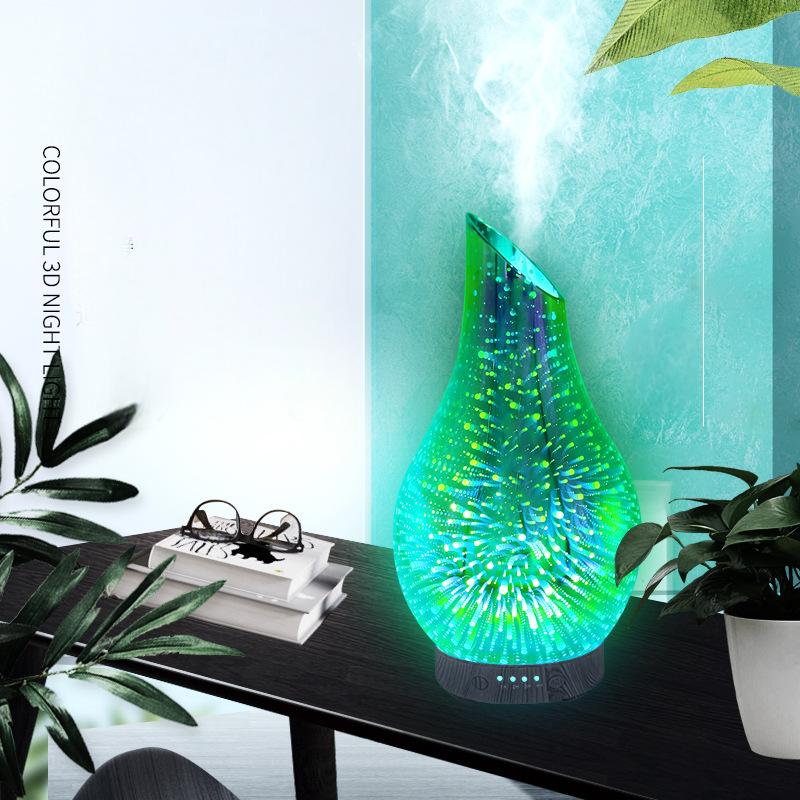 100ml Aromatherapie-Luftbefeuchter, 3D-buntes Feuerwerk, Aromatherapie-Nachtlicht, Glas, Ultraschall-Diffusor für ätherische Öle für Zuhause
