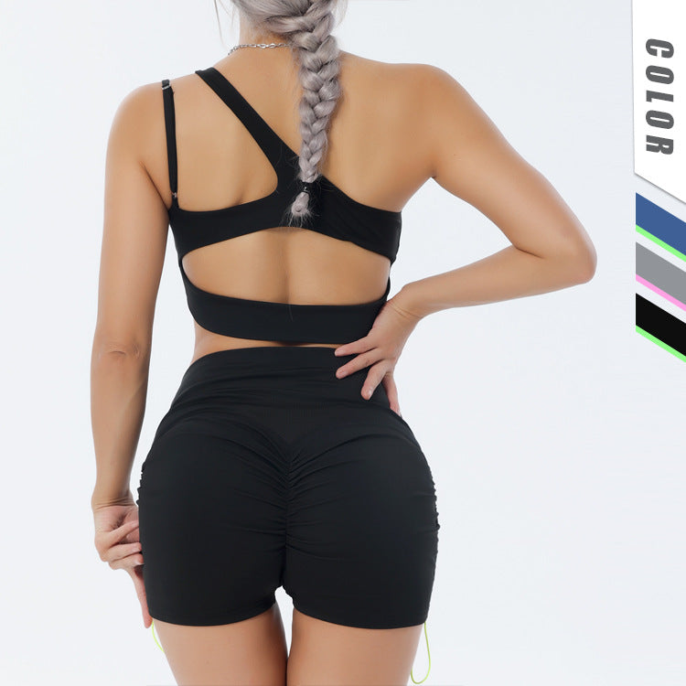 Europäisches und amerikanisches Yoga-Anzug-Set, Einzel-Schulter-BH, Reißverschluss, kurze Ärmel, Hüfthebe-Shorts, lange Hosen, Fitness