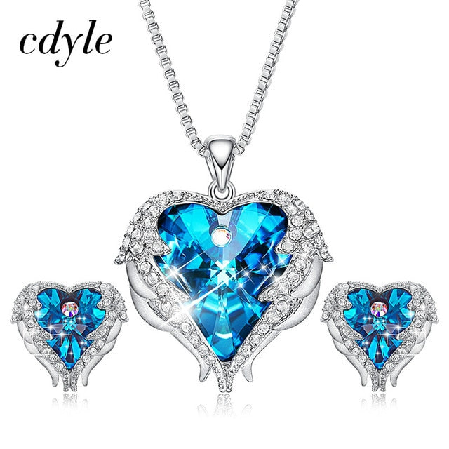 Cdyle-Kristalle von Swarovski, Halsketten mit Engelsflügeln, Ohrringe, violett-blauer Kristall-Herzanhänger, Schmuckset für Frauen, Liebesgeschenke