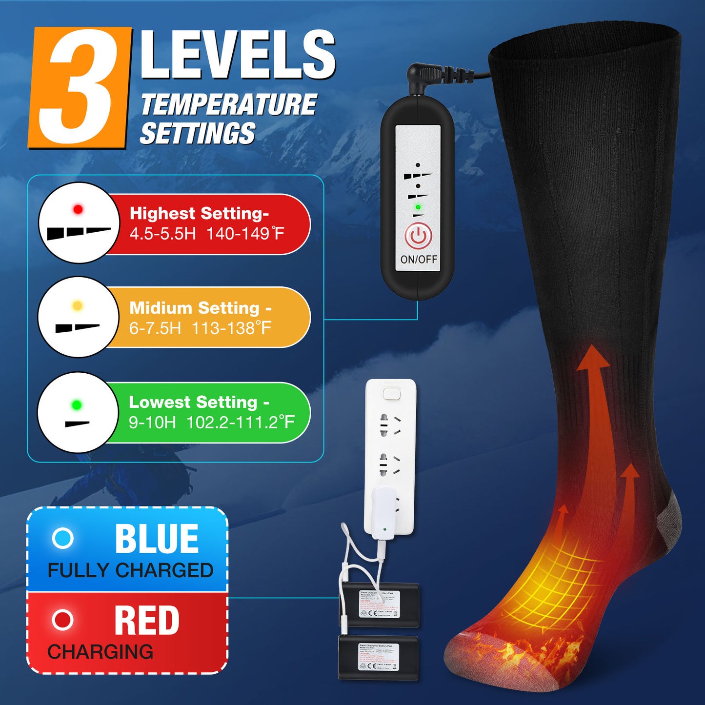 Heiße Socken mit 3-Gang-Elektroheizung, USB für Männer und Frauen Fußwärmer, Winter Elektroheizung und warme Socken