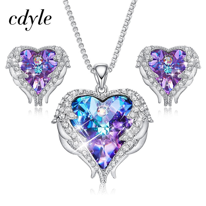 Cdyle-Kristalle von Swarovski, Halsketten mit Engelsflügeln, Ohrringe, violett-blauer Kristall-Herzanhänger, Schmuckset für Frauen, Liebesgeschenke