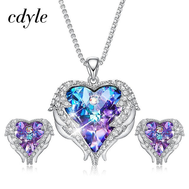 Cdyle-Kristalle von Swarovski, Halsketten mit Engelsflügeln, Ohrringe, violett-blauer Kristall-Herzanhänger, Schmuckset für Frauen, Liebesgeschenke