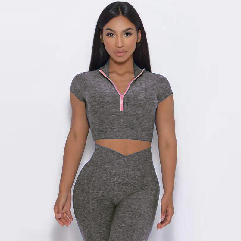 Europäisches und amerikanisches Yoga-Anzug-Set, Einzel-Schulter-BH, Reißverschluss, kurze Ärmel, Hüfthebe-Shorts, lange Hosen, Fitness