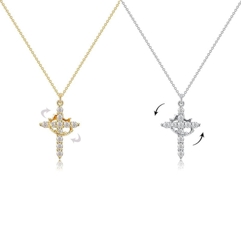 Kreuz-Halskette mit Diamanten besetzt, drehbarem Kreuz und Krone sowie einer Halskette mit Schlüsselbeinkette