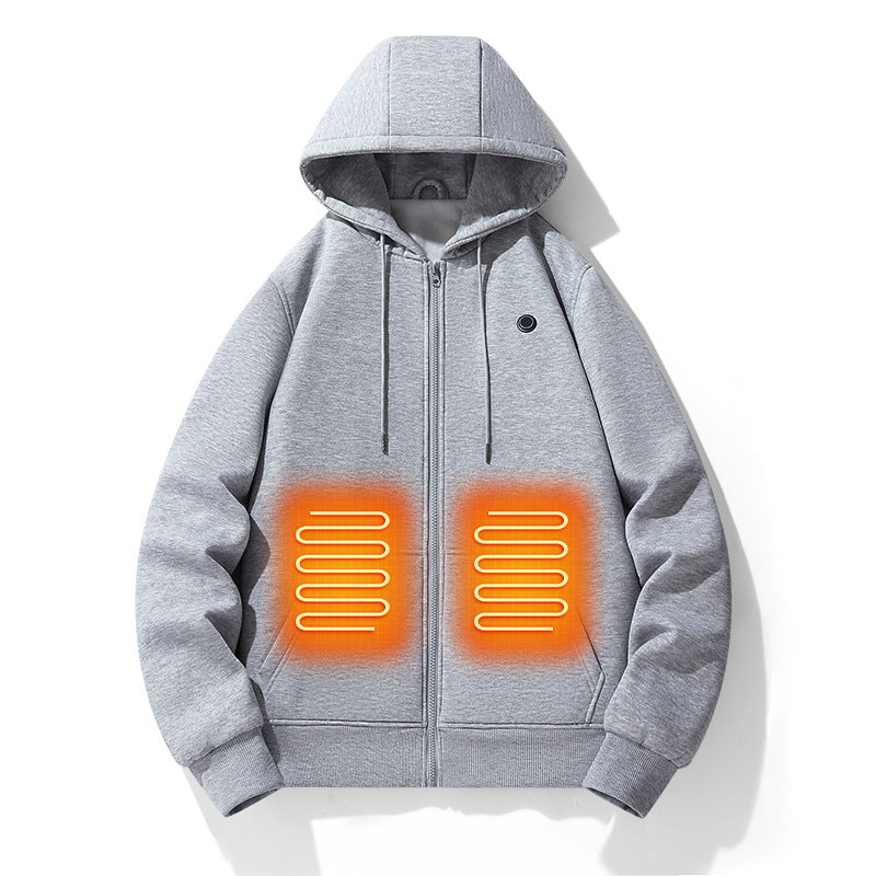 Europäischer und amerikanischer Reißverschluss-Strickjacke-Heizhoodie, intelligente Fünf-Zonen-Heizjacke mit Kapuze, warme elektrische Outdoor-Kleidung für Männer