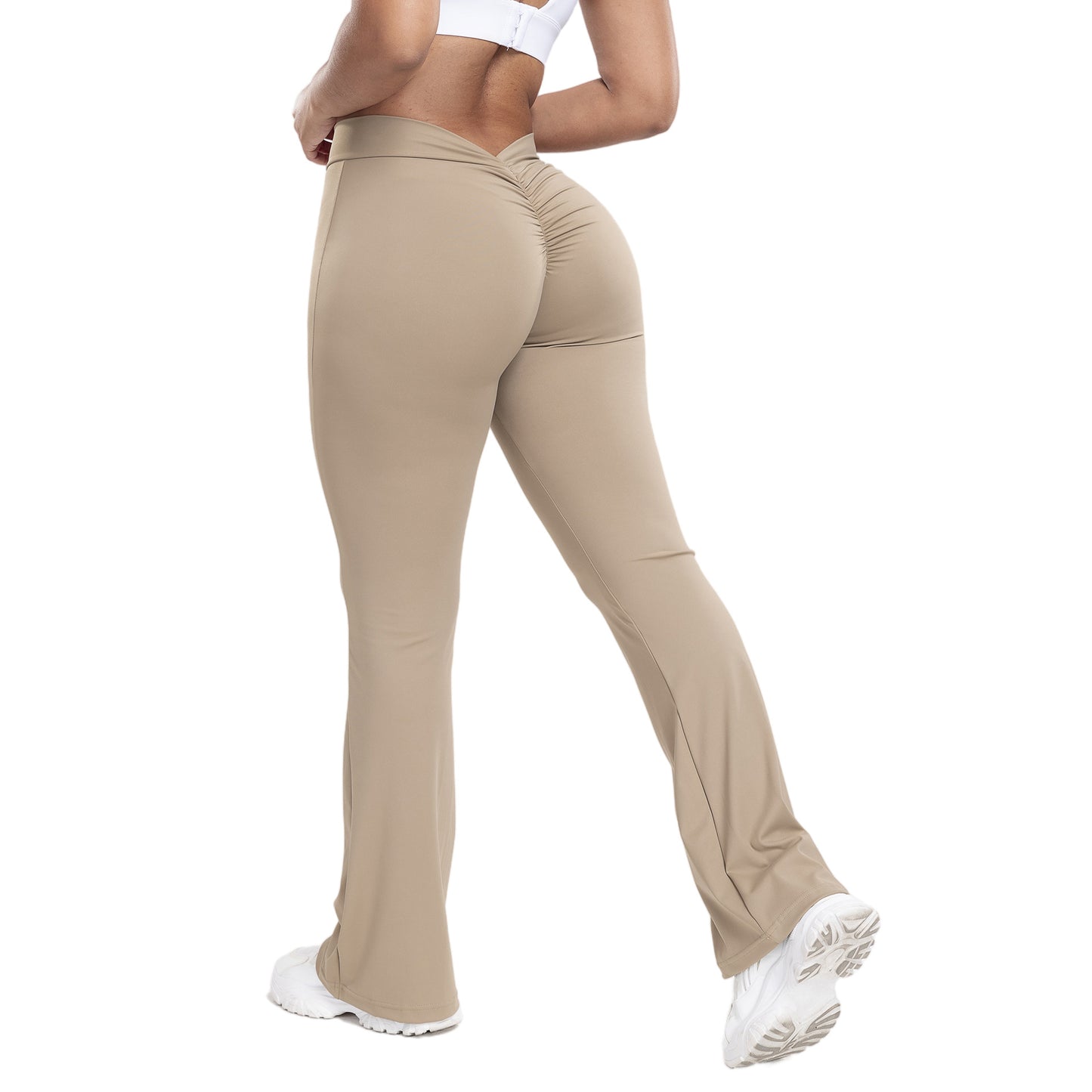Pfirsichfarbene Trompetenhose für Damen, Yogahose mit hoher Taille und Hüftlifting-Effekt, Fitnesshose mit weitem Bein für Damen