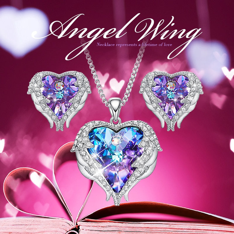 Cdyle-Kristalle von Swarovski, Halsketten mit Engelsflügeln, Ohrringe, violett-blauer Kristall-Herzanhänger, Schmuckset für Frauen, Liebesgeschenke