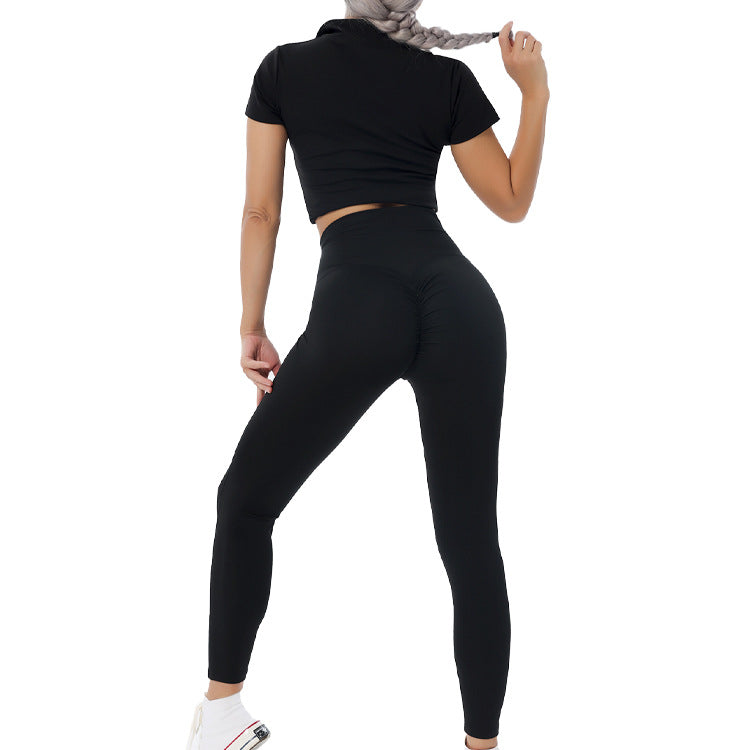 Europäisches und amerikanisches Yoga-Anzug-Set, Einzel-Schulter-BH, Reißverschluss, kurze Ärmel, Hüfthebe-Shorts, lange Hosen, Fitness