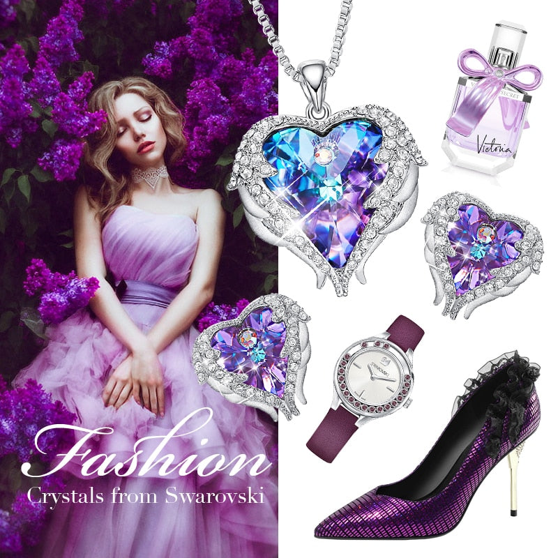 Cdyle-Kristalle von Swarovski, Halsketten mit Engelsflügeln, Ohrringe, violett-blauer Kristall-Herzanhänger, Schmuckset für Frauen, Liebesgeschenke