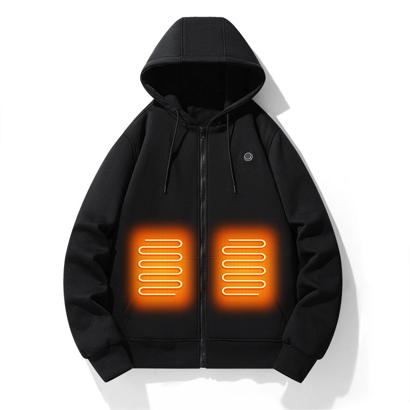 Europäischer und amerikanischer Reißverschluss-Strickjacke-Heizhoodie, intelligente Fünf-Zonen-Heizjacke mit Kapuze, warme elektrische Outdoor-Kleidung für Männer