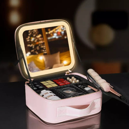 Schminktasche mit LED-Spiegel und großer Kapazität, multifunktionale Aufbewahrungsbox mit DIY-Trennwand, tragbarer wasserdichter Schminkkoffer für Damen