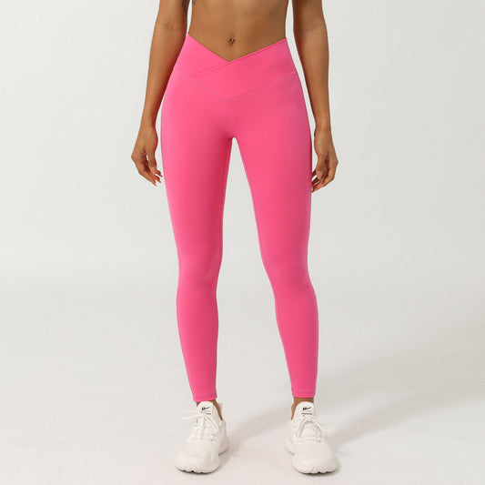 Cross V-förmige Yoga-Shorts ohne T-Linie, pfirsichfarbene, hüfthebende Fitnesshose, schnelltrocknende Sporthose