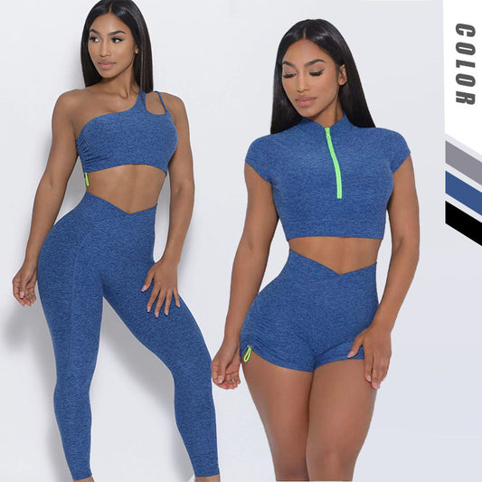 Europäisches und amerikanisches Yoga-Anzug-Set, Einzel-Schulter-BH, Reißverschluss, kurze Ärmel, Hüfthebe-Shorts, lange Hosen, Fitness