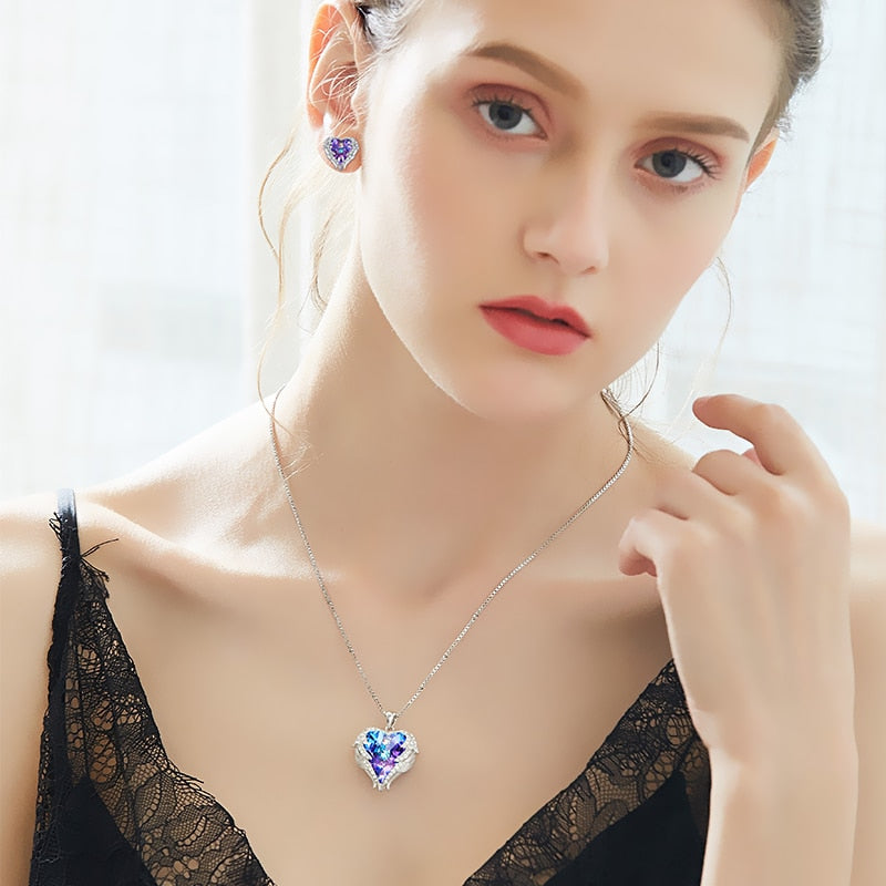 Cdyle-Kristalle von Swarovski, Halsketten mit Engelsflügeln, Ohrringe, violett-blauer Kristall-Herzanhänger, Schmuckset für Frauen, Liebesgeschenke 