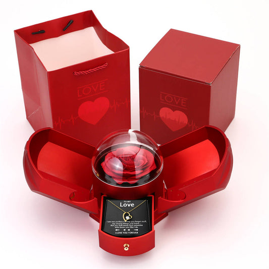 Doppelt offene Rose Geschenkbox Schubladenstil Rose Schmuckschatulle Engelsflügel Chinesische Valentinstag Halskette Geschenkbox
