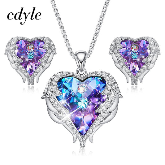 Cdyle-Kristalle von Swarovski, Halsketten mit Engelsflügeln, Ohrringe, violett-blauer Kristall-Herzanhänger, Schmuckset für Frauen, Liebesgeschenke 
