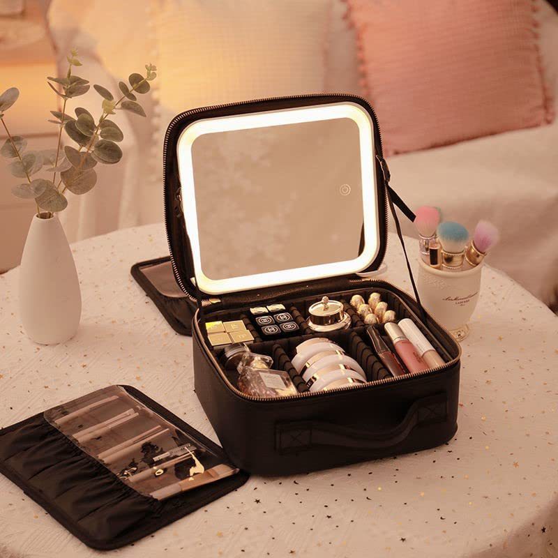 Schminktasche mit LED-Spiegel und großer Kapazität, multifunktionale Aufbewahrungsbox mit DIY-Trennwand, tragbarer wasserdichter Schminkkoffer für Damen