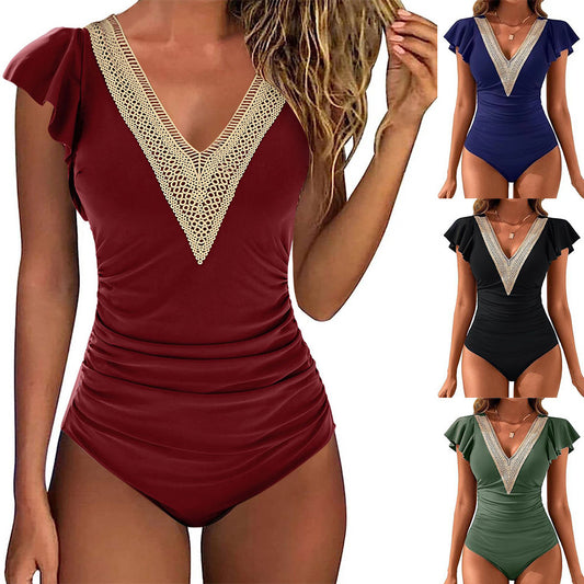 Einteiliger Badeanzug mit einfarbigen fliegenden Ärmeln für Damen, einfacher und sexy modischer Badeanzug, Bikini 